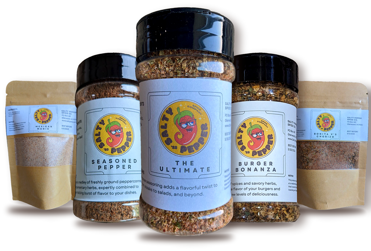 Salty Pepper lineup: Mexican Magic, Seasoned Pepper, The Ultimate, Burger Bonanza and Bonita V's Chorizo