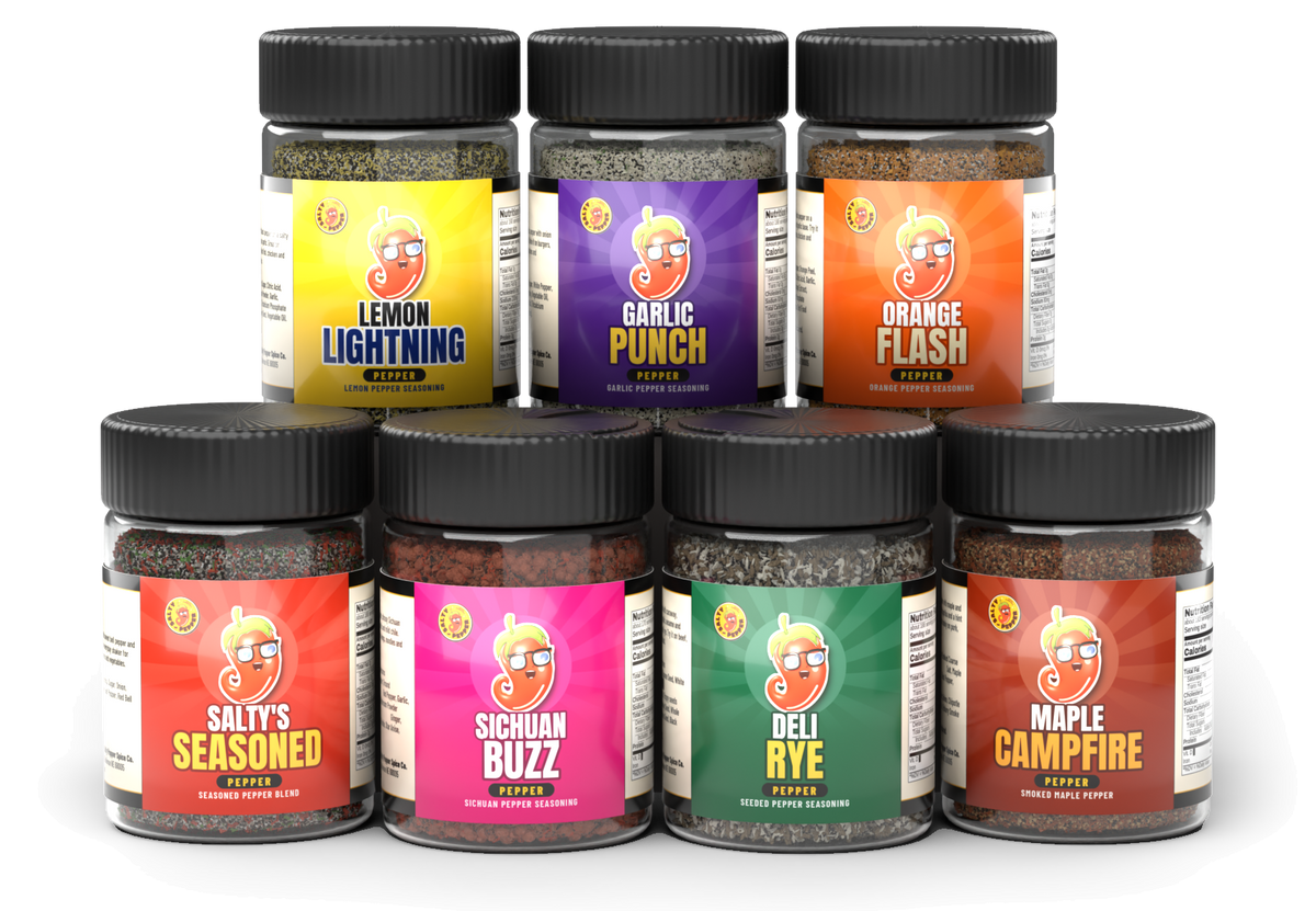 The Salty Pepper lineup: Orange Flash, Lemon Lightning, Maple Campfire, Garlic Punch, Sichuan Buzz, Deli Rye and Salty’s Seasoned Pepper