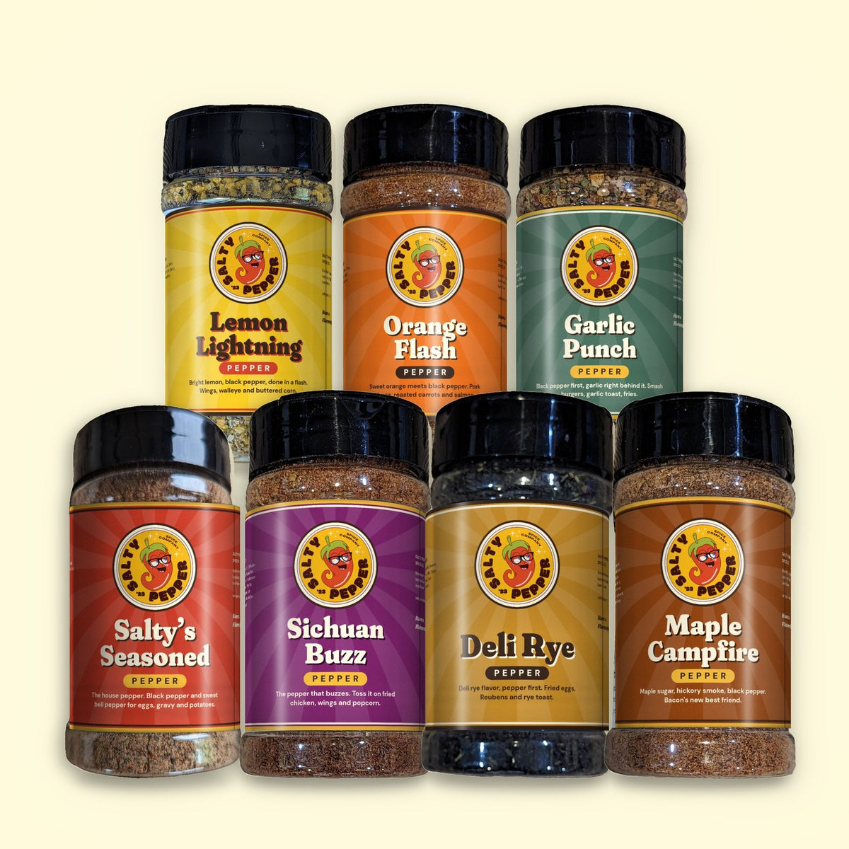 Full Lineup Gift Box: all seven pepper shakers