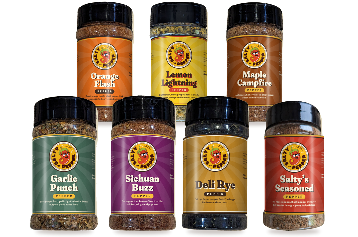 The Salty Pepper lineup: Orange Flash, Lemon Lightning, Maple Campfire, Garlic Punch, Sichuan Buzz, Deli Rye and Salty’s Seasoned Pepper
