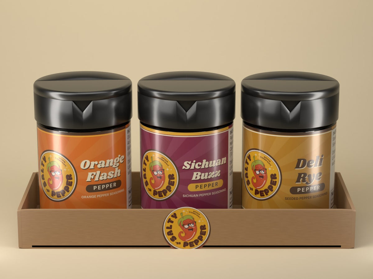 Orange Flash, Sichuan Buzz and Deli Rye Pepper shaker bottles
