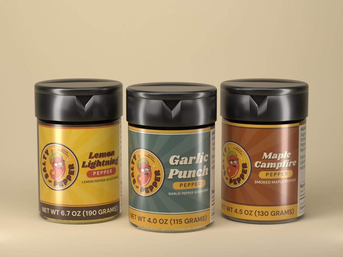 Lemon Lightning, Garlic Punch and Maple Campfire Pepper shaker bottles