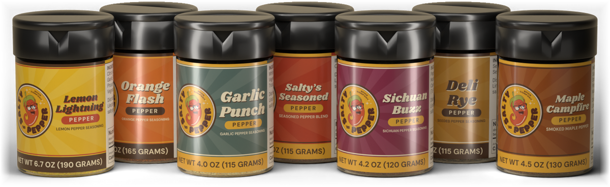 All seven Salty Pepper peppers in shaker bottles: Lemon Lightning, Orange Flash, Garlic Punch, Salty’s Seasoned, Sichuan Buzz, Deli Rye and Maple Campfire
