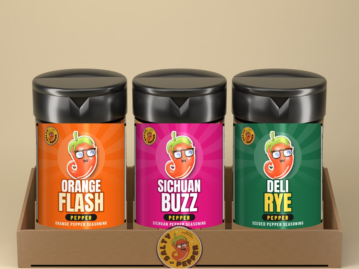 Orange Flash, Sichuan Buzz and Deli Rye Pepper shaker bottles
