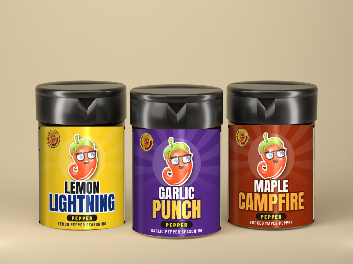 Lemon Lightning, Garlic Punch and Maple Campfire Pepper shaker bottles